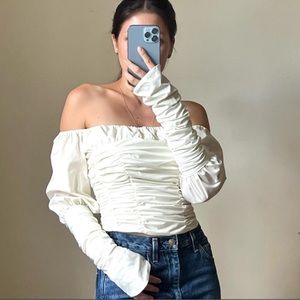 Danielle Guizio Off-Shoulder Ruched Satin Blouse in Ivory
